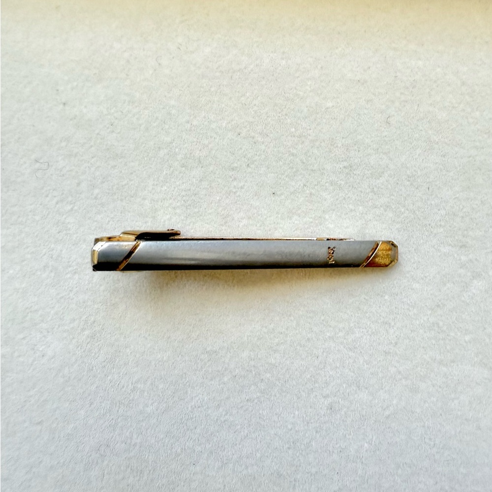 YSL Yves Saint Laurent Tie Clip Tie Bar Logo Gold &Silver Tone Vintage